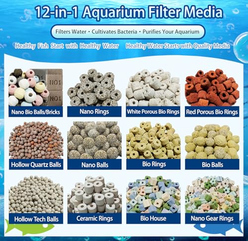 12-in-1 Biological Aquarium Filter Media Kit for Crystal Clear Water - Supports Nitrogen Cycle with Bio Balls, Ceramic Rings for Freshwater Saltwater Aquarium, Pond, Sump, Canister Filter (1.1lb) - size: 1.1lb(500g)