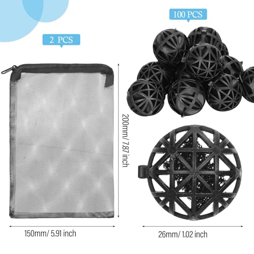 CHENGU 100 Pcs Bio Filter Balls Black Bio Balls for Aquarium Filter Pond Filters 1.02 Inch Internal Bioballs Filters Media with 2 Pieces Aquarium Media Bags Mesh Bags with Zipper for Fish Tank Pond