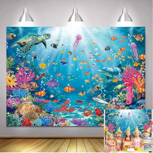 Underwater Backdrop Aquarium Ocean Corals Tropical Fish Photography Background Ocean Theme Party Decorations for Kid Boy's Birthday Cake Table Photo Booth Props (7x5FT)