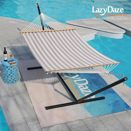 Lazy Daze Hammocks Quick Dry Hammock with Spreader Bar Textliene Fabric Double 2 Person Hammock with Chains Outdoor Patio Poolside Backyard Beach 450 lbs Capacity, Beige White Stripes - color: Beige White Stripes