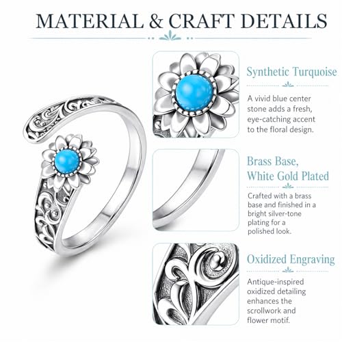 Chunky Rings for Women Statement Adjustable Pearl Ring Turquoise Spoon Ring Sunflower Dainty Open Ring Non Tarnish Unique Jewelry Gift - color: Turquoise Sunflower