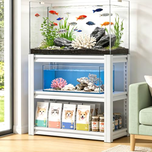 3 Tier Fish Tank Stand 20-30 Gallon, Heavy Duty Metal Storage Shelving, Shelf Adjustable, 34 "W x 18 "D x 31"H, Aquarium Stand for Reptile Terrarium Stand & Garage Home Office Storage Rack (White) - color: White