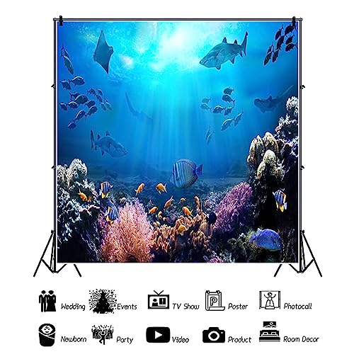 AOFOTO 8x8ft Underwater World Backdrop for Photography Aquarium Seabed Rocks Lights Coral and Fishes Tropical Ocean Scene Under The Sea Background Kids Party Decoration Banner Photobooth Props - size: 8x8ft