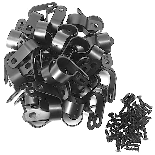 Cable Clamp R-Type Cable Clip Wire Clamp 3/4" Nylon Screw Mounting Cord Fastener Clips with Screws for Wire Management - Black - 50 Pcs - size: 3/4" Black