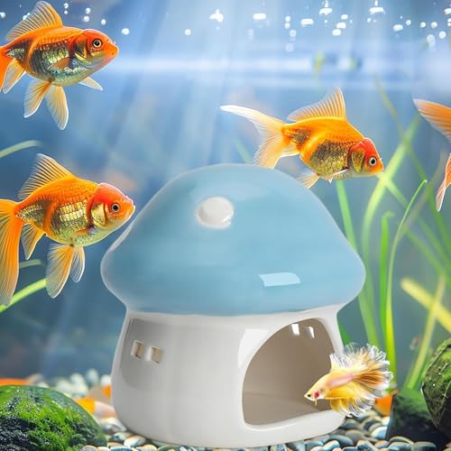 Aquarium Mushroom House Decorations, Ceramic Fish Tank Hideout Landscaping, Small Fish Hideaway Spawning Cave Decor for Shrimp Goldfish (Blue) - color: Blue
