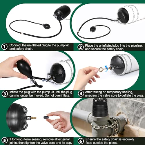 4 Inch Inflatable Pipe Plug Balloon Kit with Extension Hose,Safety Chain & Pump, Rubber Sewer Test Ball for Drain Blocking, Plumbing Pressure Testing/Leak Detection(Fits 3.8"-4.2" Pipes) - size: 4 Inch
