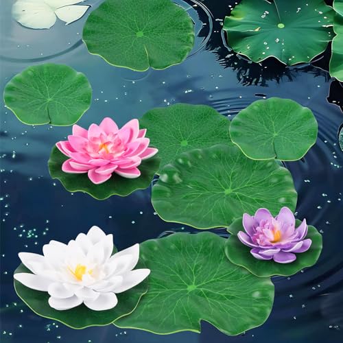 9 Pcs Artificial Floating Foam Lotus Flowers with Plastic Lotus Leaves, Artificial Lily Pads for Pond, Pond Plants Ornaments for Garden Koi Fish Pool Aquarium Pool Wedding Decor