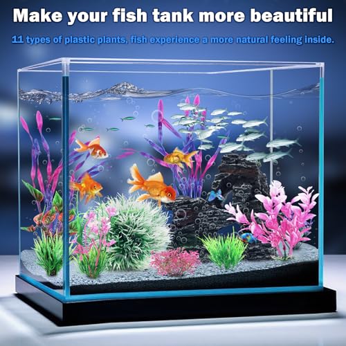 QUOZUO Fish Tank Accessories, Aquarium Fish Tank Plastic Plants and Cave Rock Decorations Set 10 Pieces, Small and Large Artificial Aquarium Plants with Cave Rock