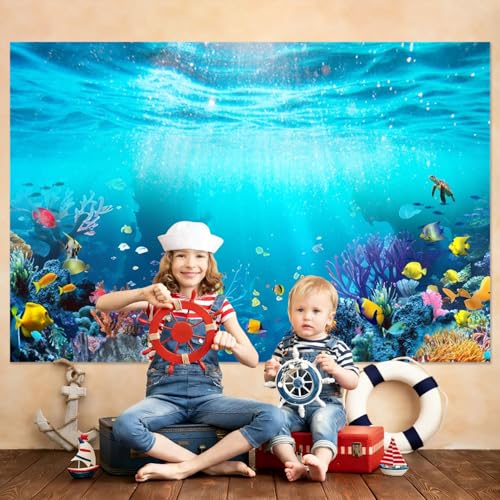 Under The Sea Backdrop 10x8ft Ocean Backdrop Underwater World Coral Turtle Fish Sunlight Decorations Background Aquarium Cake Table Banner Studio Props - color: Marine Blue, size: 10x8ft (300x240cm)