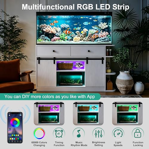 JIJIWANG 75 Gallon Fish Tank Stand with LED Light & Power Outlets, 55-75 Gallon Aquarium Stand with Sliding Fluted Doors, 2 Large Cabinet and Storage Shelves for Fish Tank, 1200 lbs Capacity White - color: White, size: 55.1"L x 19.6"W x 32.2"H