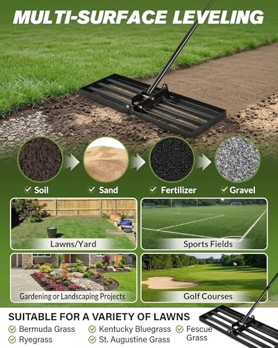 Sakerplus Lawn Leveling Rake 30 Inch, Landscaping Lawn Leveler, Heavy-Duty Yard Leveling Rake for Soil, Sand, Compost & Fertilizer, Fixed Handle Ground Leveler for Yard