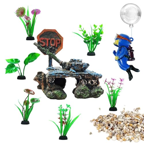 Fish Aquarium Decor Kit, Betta Hideout for Fish Tank - 6 Styles Options | Resin Sunken Tank Ornament, Betta Fish Hideout Cave, 6 Artificial Aquatic Plants, 40+ Seashells & 1 Floating Diver - color: Tank Wreckage