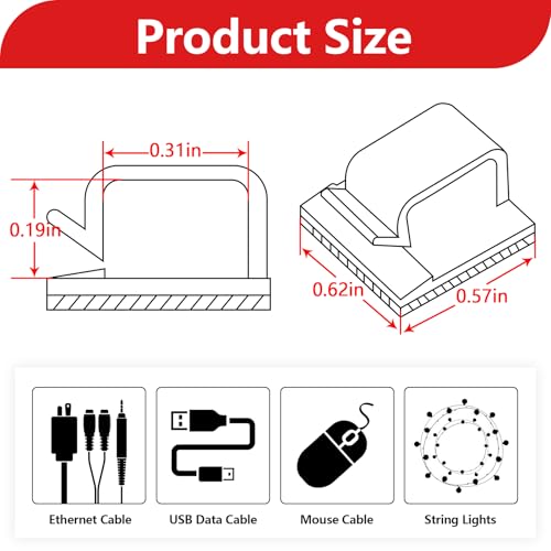 100PCS Cable Clips, Adhesive Wire Clips Organizer Cord Clips Management, Cable Staples Outdoor Strong for Wall, Desk, Christmas Lights, String Lights, Fairy Lights, Clear Glossy, Small - color: Clear glossy, size: Small