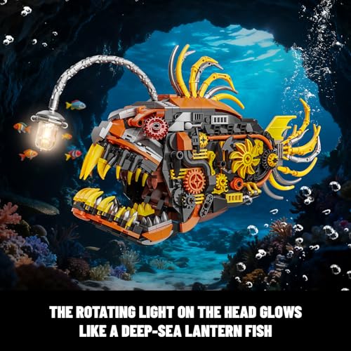 Mechanical Angler Fish Building Set with Light, Creative Ocean Lantern Fish Animal Toy for Home Office Decor, Compatible with Lego Shark, STEM Gift for Adults Teens Boys 8-14+ (1022 PCS) - color: Yellow