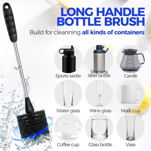 Holikme Bottle Brush Cleaner Set, 14" Long Handle Stainless Steel Bottle Cleaner Brush, 3 Straw Cleaner Brush, Bottle Cleaning Brush for Water Bottle, Cups, Abrasive Wheel Brushes, Straws Black - color: Black