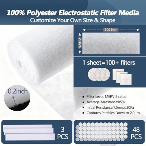 MERV 8 Air Vent Filters Kit 20x100 Inch|Cut to Fit (60+ Filters) Filter Material,High-Grade Electrostatic Filter Media with 48 Hooks for Home Floor, Ceiling, HVAC Furnace Vents & Grilles - style: 20" x 100"(White)