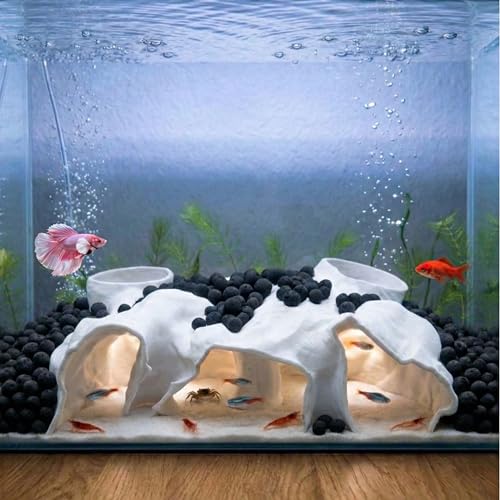 Large Aquarium Tunnel & Cave (9.5" L), 3D Printed Substrate Viewer Fish Hideout with Wide Top Entrances, Tank Decor for Small Fish, Corydoras, Betta & Shrimp - Set with 3 Mini Accessories (White) - color: Bleached Coral