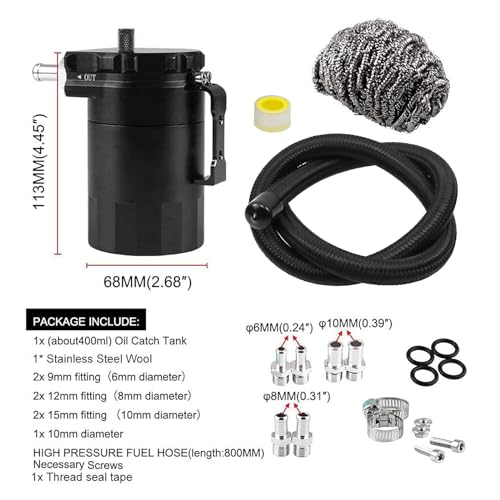 RULLINE Universal 350ml Oil Catch Can Tank 0046 Aluminum Polish Baffled Reservoir Black Upgraded Braided Hose - color: Black, size: Basic version