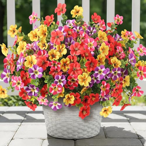 VIERENA 12 Bundles Artificial Flowers and Eucalyptus for Outside, Sun Resistant Silk Fake Morning Glory with Faux Eucalyptus Plants for Garden Porch Farmhouse Home Spring Summer Decor (Mixed Color) - color: Mixed Color