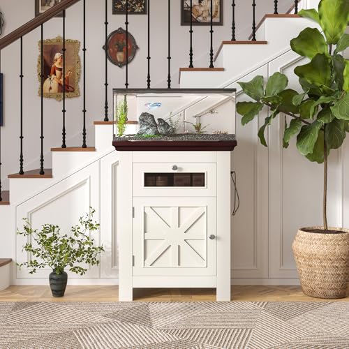 10-15 Gallon Aquarium Stand With Power Outlets, Farmhouse Fish Tank Stand, Reptile and Terrarium Stand with Drawer and Cabinet Storage, Sturdy Heavy Duty 20.4" 12",White - color: Beige brown 20.55" L