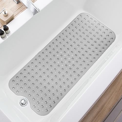 TEESHLY Bathtub Mats for Shower Tub, Extra Long Non-Slip 39 x 16 Inch Bath Mat with Drain Holes and Suction Cups, BathMat for Bathroom with Machine Washable (Clear Grey) - color: Clear Grey
