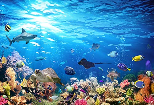 Underwater World Ocean Backdrop Blue Ocean Coral Reef Turtle Shark Tropical Fish Under The Sea Aquarium Decorations Background Birthday Party Cake Table Studio Props 5x3ft - color: Aqua Blue, size: 5x3ft (150x90cm)