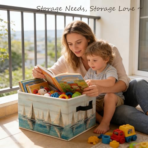 Sailboat Nautical Storage Bins Box with Handles, Coastal Beach Abstract Ocean Landscape Foldable Basket Toybox for Beach House Bedroom Bathroom Home Clothes Toys Books - color: color-7