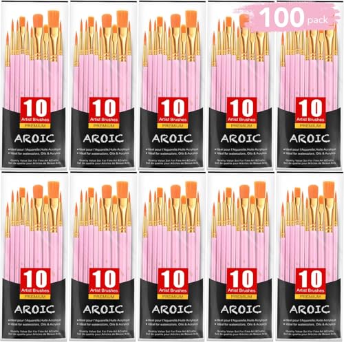 AROIC Painting Brushes Set, 10 Packs /100 Pieces, Nylon Brush Head, Suitable for Oil and Watercolor, Perfect Suit of Art Painting, Best Present for Painting, Pink - color: Pink, size: 100pcs