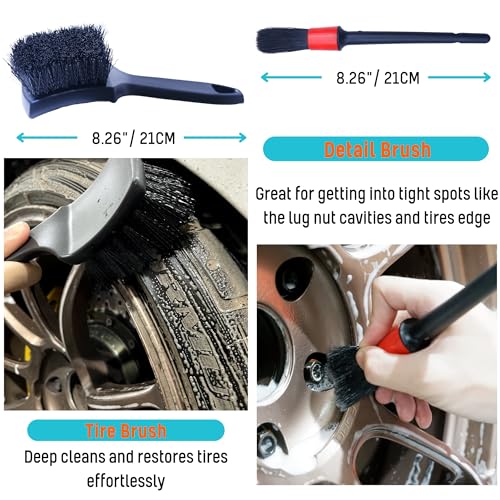 oesee PRO Choice 4 Pack Long Handle Wheel Brush Kit for Cleaning Wheel and Tire- 2X Soft Wheel Cleaning Brush, Detailing Brush and Stiff Tire Brush - color: 4 Pack (Blue & Black)