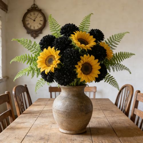 Kimura's Cabin 20Pcs Black Chrysanthemums Artificial Flowers Faux Silk Mums with Stem Balls Flowers for Halloween DIY Arrangement Home Party Table Centerpieces Decor Vase Fillers - color: Black