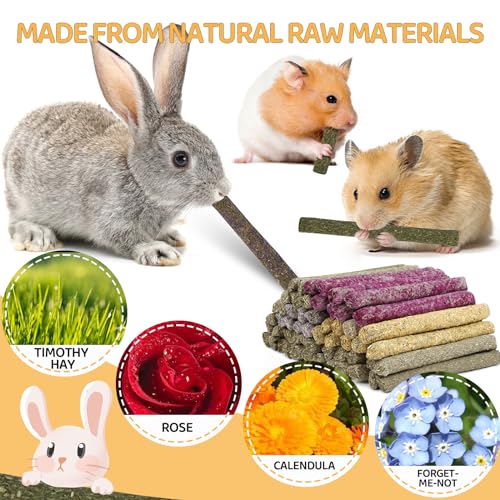 52Pcs Rabbit Chew Sticks, Guinea Pig Toys, Natural Timothy Grass Molar Teeth Stick, Mixing Flowers, Roses, Calendula and Forget Me Not, Small Animals Treats - size: 52Pack-Sticks