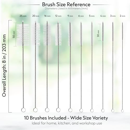 Straw Cleaning Brush Set – 10 Pack, 8-Inch Nylon Tube Pipe Cleaners in 10 Different Sizes, Reusable for Bottles, Pipes & Kitchen Use