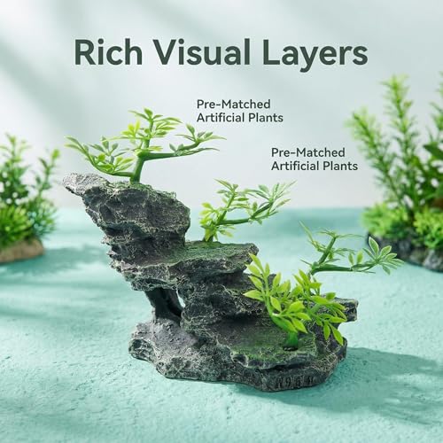 Aquarium Ornament Resin Mountain Fish Tank Decorations with Artificial Plants – Fish Tank Decor Rock Hideout for Betta, Snails, Turtle, Shrimp, Ideal for Aquascaping & Landscaping