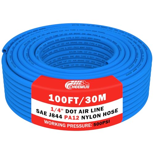 CheeMuii 100 FT 1/4" DOT Air Line Blue 1/4 PA12 Nylon Pneumatic Tubing 30.5 Meter 1/4 Inch OD Pneumatic Air Tubing Pipe Hose Line for Semi Truck Trailer or Industrial Air System - color: Blue, size: 1/4"OD-100FT