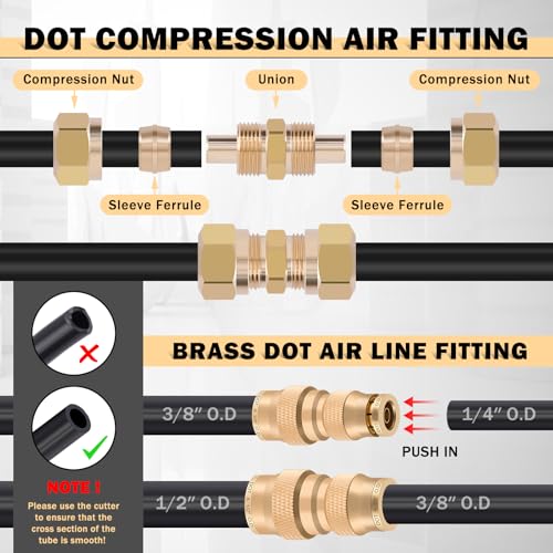 CheeMuii 112 PCS Brass DOT Air Line Fittings with 3 Roll 100FT 1/4" 3/8" 1/2" DOT Air Lines Kit Push Lock Air Fitting Quick Connect Air Fittings with Air Hose Pneumatic Tubing - size: 100FT-3ROLL-112PCS