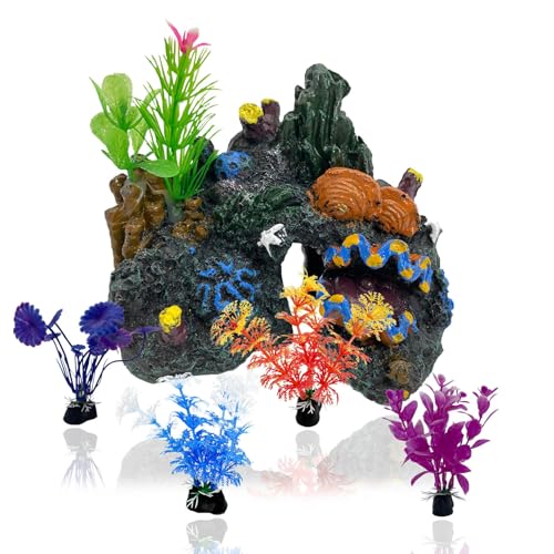 PINVNBY Aquarium Coral Reef Decor Resin Fish Tank Decorations Rock Mountain Cave Ornaments for Goldfish Betta Fish Sleep Rest Hide Play Breed with 4 PCS Aquatic Plants (Small Size) - size: M-4 PCS water plants