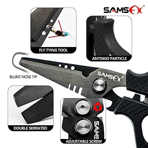 SAMSFX 6.5in Fishing Scissors with Non-Slip Grip Handles and Micro Serrated Edges, Multi-Function Shears with Nylon Sheath