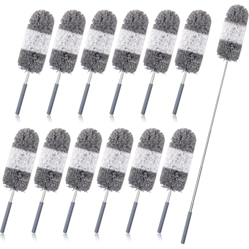 Tanlade 12 Pcs Microfiber Feather Duster for Cleaning 13-31 Inch Extendable Cobweb Dusters Ceiling Fan Duster Washable Bendable Tool for Office Car Window Furniture (Gray White) - color: Gray White