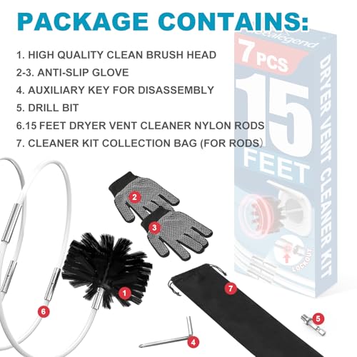 Sealegend 15 Feet Dryer Vent Cleaner Kit/Lint Remover/Upgraded Flexible Quick-Snap Brush with Drill Attachment/Fireplace Chimney Brushes for Easy to Clean/Cleaning Tool Use with or Without Power Drill - size: 15FT