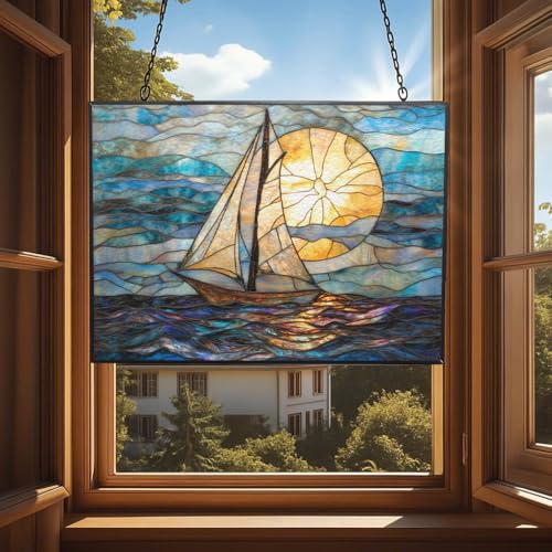 Stained Glass Window Hanging, Art Nouveau Horizon Sailboat Sun Catchers Glass Panel Rectangle Hangings Abstract Suncatcher Decor for Birthday for Women, Men, Wife, Aunt, and Mom 15"x11" - color: Art Nouveau Horizon Sailboat 1, size: 15x11 IN