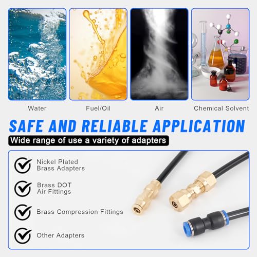 1/4" Air Line Tubing Kit,1/4" OD DOT Air Line 50 FT(15 m) SAE j844 PA Nylon Air Hose Tube and Push to Connect Fitting for Air Brake System Or Fluid Transfer,15 Pcs Compressed Accessories Kit