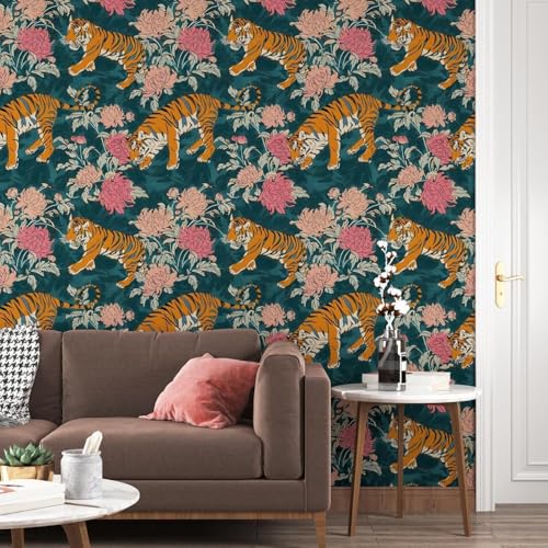 Tiger Wallpaper Peel and Stick, Animals Floral Contact Paper 17.5" x 393.7", Blue/Orange/Pink Vintage Flower Wall Paper Self Adhesive Removable Waterproof for Bathroom Walls Shelves Cabinet Table - color: Blue/Pink/Yellow, size: 17.5" x 393.7"