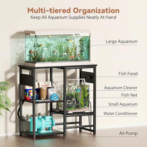 GRLEAF 20-30 Gallon Fish Tank Stand with Power Outlets, 4 Tier Metal Aquarium Stand with Wood Storage Shelves, 30.7" L x 13.8" W x 30.3" H Turtle Reptile Fish Tank Table Aquarium Table - Black - size: 20-30 Gallon