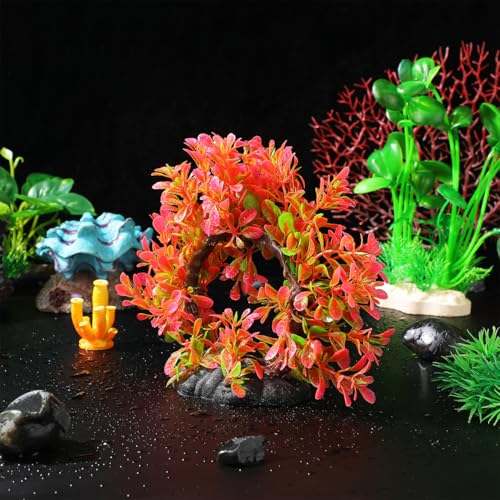 POPETPOP Aquarium Artificial Plastic Plants Decoration, Plastic Pink Betta Fish Tank Decor with Weighted Base, Pink Simulation Aquarium Tree for Bettafish Tank Decorations Hides