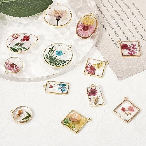 Transparent Flower Resin Charms Round Gold Edge Dried Floral Pendants Flat Round Clear Gold Foil Floral Charms for Necklace Bookmark Keychain Jewelry Making - color: 12Styles-12pcs