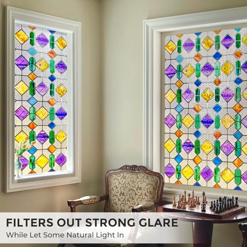 Coavas Stained Glass Window Privacy Film : Upgrade 3D Decorative Rainbow Window Clings Sun UV Blocking Bathroom Frosted Decals