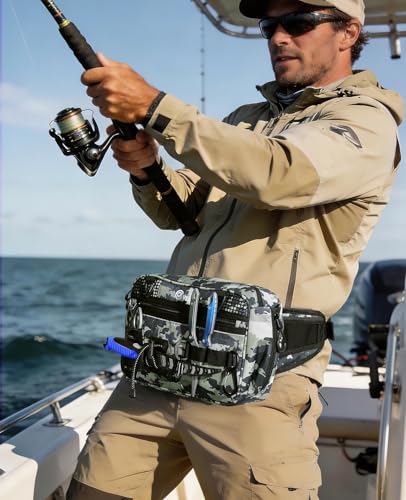 CVLIFE Fishing Tackle Bag Waist Pack with Rod Holder, Water Resistant Fanny Pack Includes 3600 Tackle Box, Waterproof Pouch & Carabiners, Convertible Sling Bag with Net Holster for Gear - color: Shadowstand