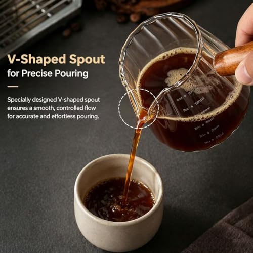 6 oz Espresso Cups - Glass Measuring Cups with Spout - Ribbed Small Creamer Pitcher- Expresso Shots Cup with Wood Handle for Coffee Milk, Dishwasher Safe (Transparent, 2 pack) - color: Transparent, size: 2 pack
