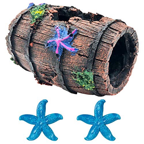 GSD Star-Fish Broken Barrel Decor Resin Betta Tank Accessories Ornaments for Cave Hide Decorations, Broken Barrel x 1pc, Blue Star Fish Ornaments x 2pcs
