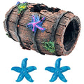 GSD Star-Fish Broken Barrel Decor Resin Betta Tank Accessories Ornaments for Cave Hide Decorations, Broken Barrel x 1pc, Blue Star Fish Ornaments x 2pcs
